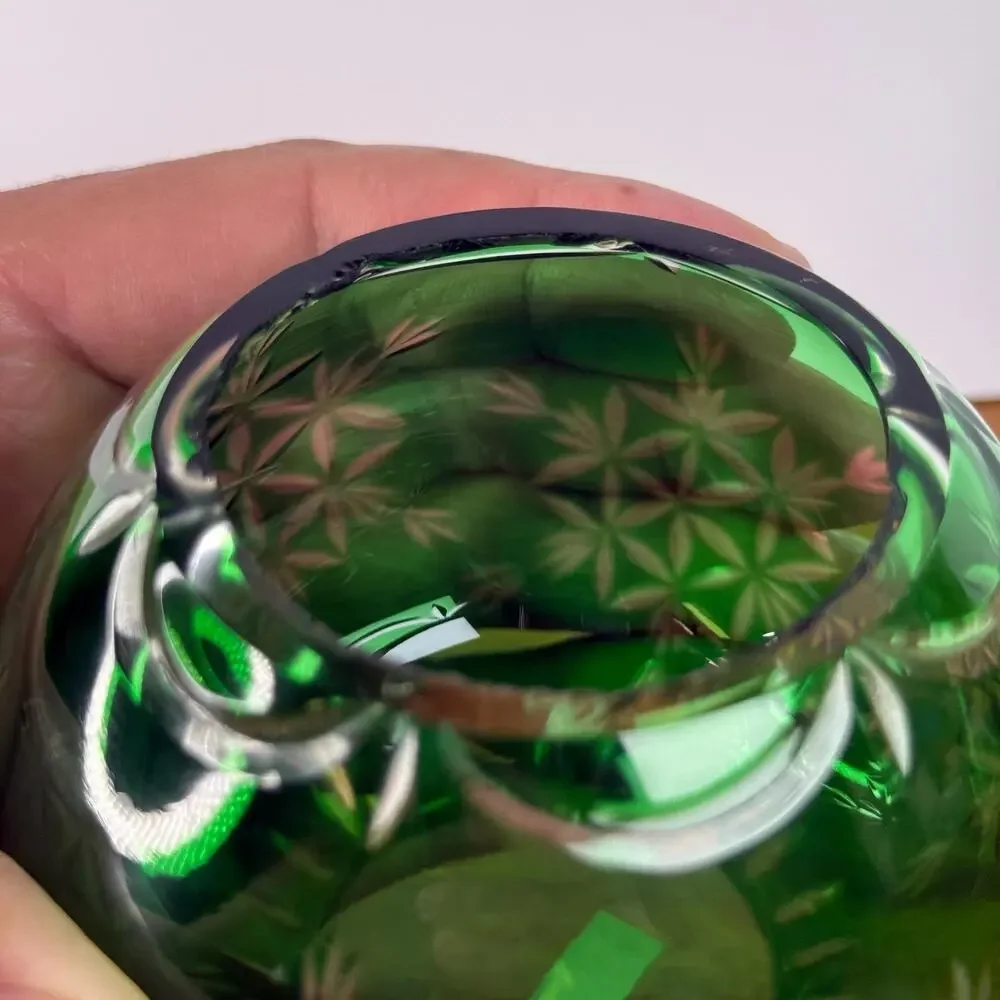 Vintage Emerald Green Cut to Clear Bohemian Bowl Vase